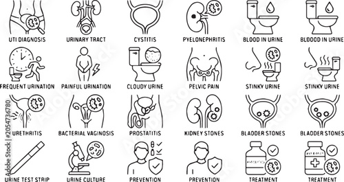 Urinary Tract Infection UTI and Urology Diseases Vector Line Icons Set (Includes Cystitis, Kidney Stones, Painful Urination, Bladder Stones, and Medical Diagnostics Concepts)
