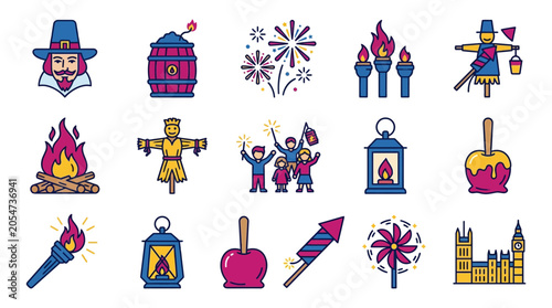 Tableau sur toile Bonfire Night Symbols: Guy Fawkes, Fireworks, Lanterns, Scarecrows, and London I