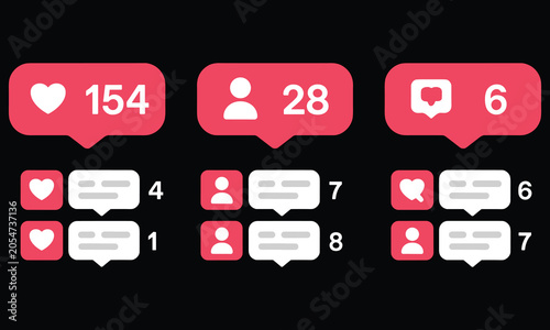 Social media notification icons with heart and user count numbers displayed on a dark background for modern digital interface design