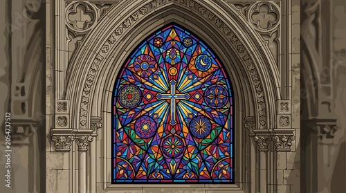 Vibrant Stained Glass Church Window Detail.