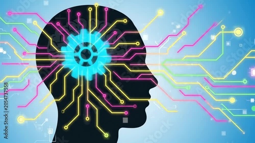 Silhouette head with glowing blue gear in brain