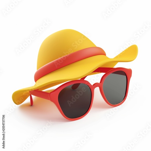Colorful summer hat and sunglasses are placed together on a plain background for a fun beach theme