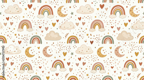 Whimsical Rainbow Clouds Hearts Pattern Design.