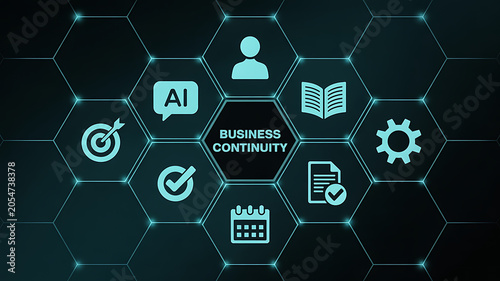 Business continuity on hexagonal grid, dark background, calendar target checklist