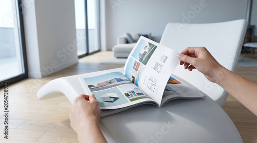 A person relaxing in a modern living room while browsing a brochure of architectural house designs