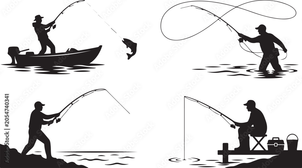 Fototapeta premium four fishing activity silhouettes isolated vector bundle.