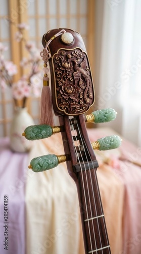 Close-up of ornate carved headstock of a traditional Chinese Pipa instrument