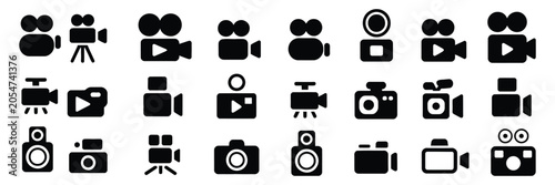 Konstfotografi camera photo video icon set, photography recording and media symbols for capture, shooting, image and video production interface design vector illustration