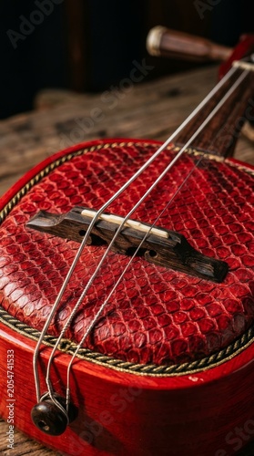 Close-up of a traditional Chinese Erhu musical instrument with red snakeskin texture