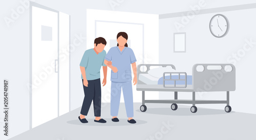Nurse helps elderly patient walk beside hospital bed and clock