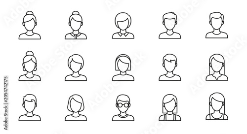 Collection of diverse user profile icons in a simple line art style.