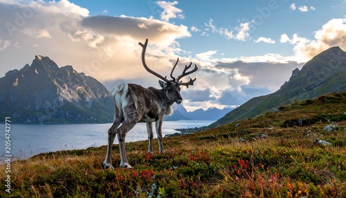 Wild Arctic Reindeer Standing on Colorful Tundra Hillside by Mountain Fjord