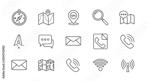 Collection of communication and navigation icons in a simple line art style.