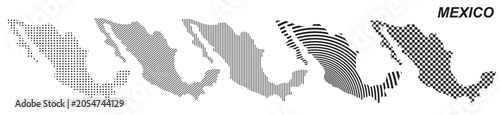 Mexico map silhouette vector, isolated country outline graphic set, 5 black design templates with dots stripes and checkered patterns, geometric abstract digital layout element