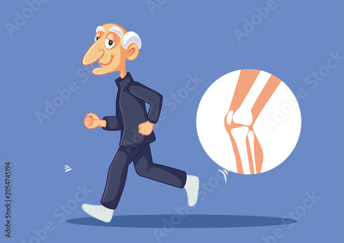 Healthy Senior Man Running Having Strong Knee Joints Vector Illustration. Active elderly person jogging to show healthy flexible leg joints  