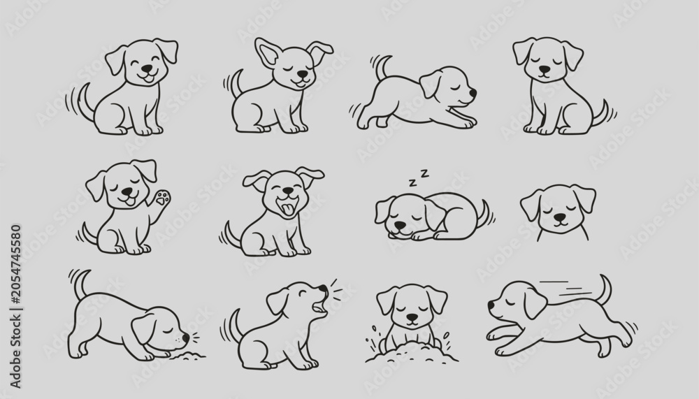 Obraz premium Playful cartoon puppy line drawings showing a dog in various poses including running, sleeping, barking, and digging.
