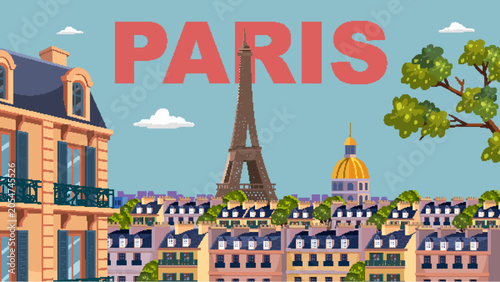 Colorful Paris Cityscape Illustration with Eiffel Tower and Haussmann Architecture