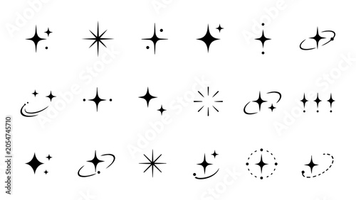 Tableau sur toile 白背景に並ぶ星ときらめきのモノクロアイコンセット、装飾や宇宙表現に使えるシンプル素材