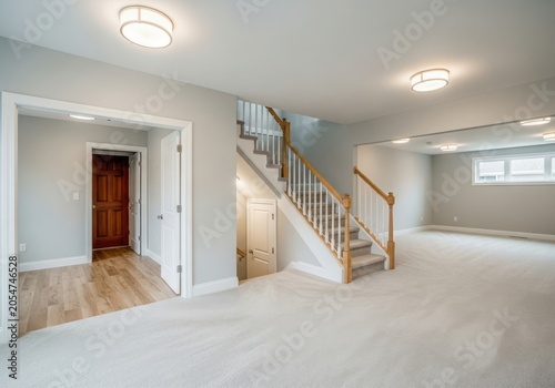 Bright and airy finished basement with staircase and new carpet