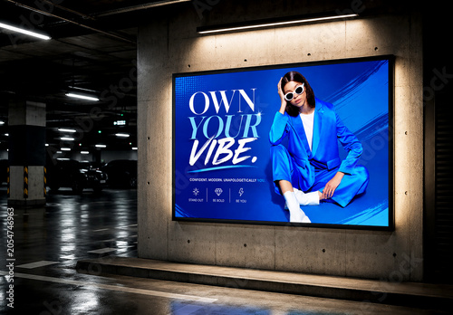 Realistic Indoor Billboard Mockup in Modern Underground Parking Lot