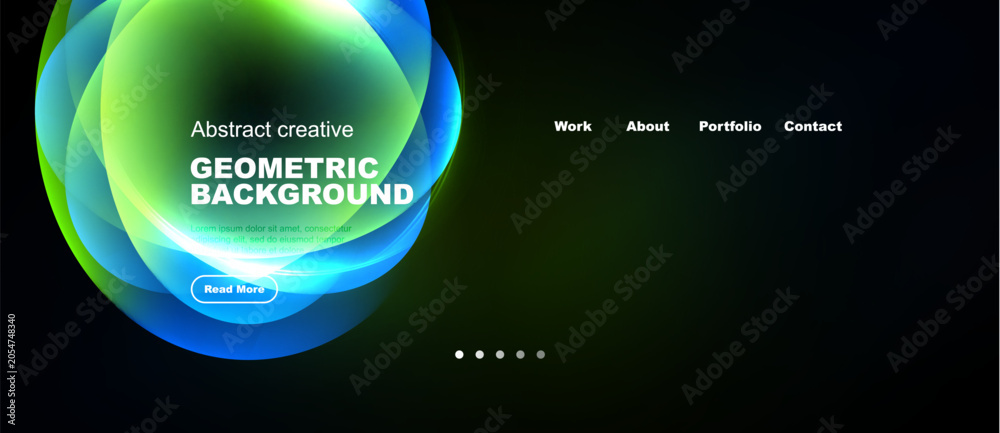 Obraz premium Dark background features vibrant overlapping circles. Text promotes geometric design, includes navigation options, plus read more button.