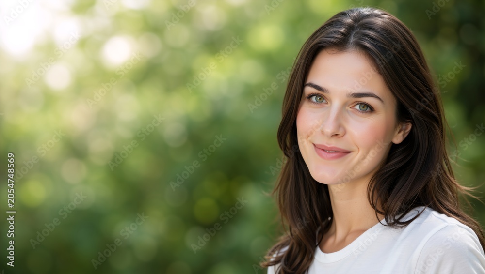 Fototapeta premium Close up portrait of a smiling young woman outdoors. Friendly brunette female in white t-shirt looking at camera. Blurred green nature background with bright bokeh and copy space