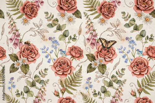 Seamless pattern featuring watercolor roses, ferns, daisies, foxgloves, and a butterfly on a light beige background, for textile