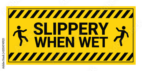 Tableau sur toile Slippery when wet sign with falling figures yellow and black vector illustration
