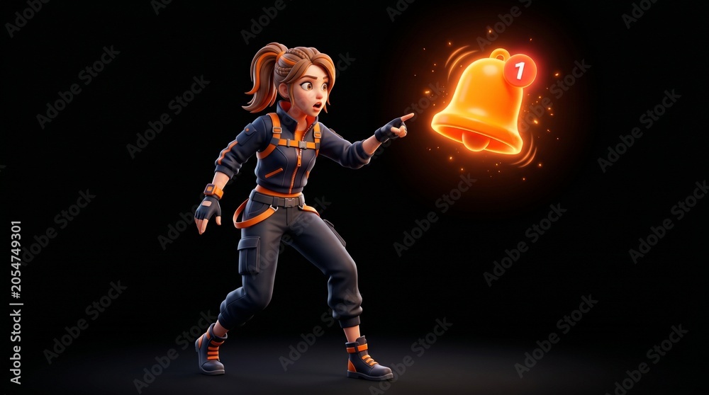 Obraz premium 3D Render of a Surprised Young Woman Pointing at a Glowing Notification Bell Icon on Black Background