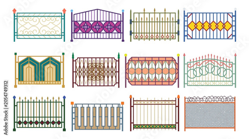 Quadro su tela Wrought Iron Fence Collection Colorful Vector Illustration On White Background