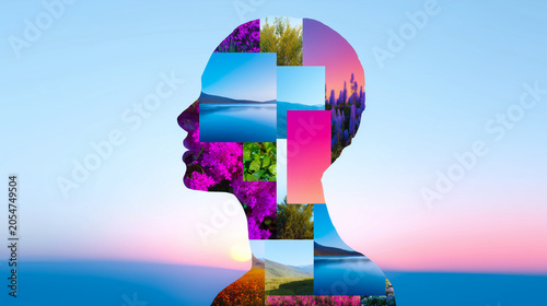 Conceptual human profile silhouette with nature collage: harmony, inner peace and environmental awareness
