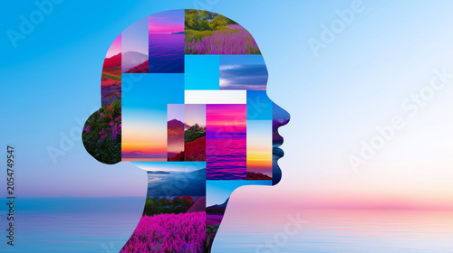 Conceptual human profile silhouette with nature collage: harmony, inner peace and environmental awareness