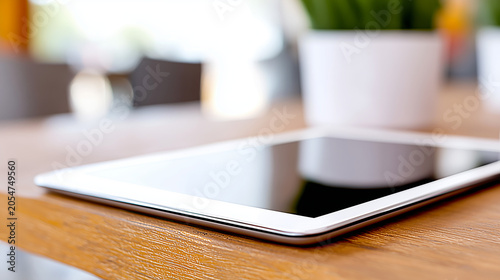 Close-up of a digital tablet on a wooden office desk with blurred background