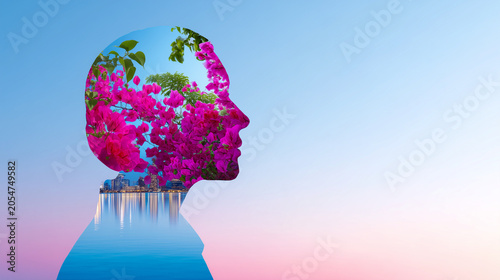 Double exposure silhouette of human head with city skyline and tropical flowers