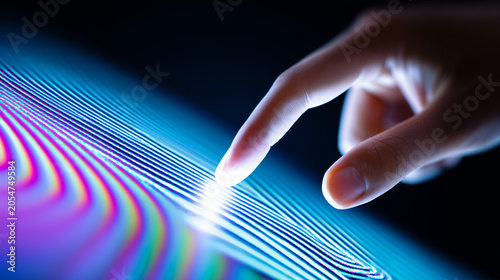 Finger touching digital interface screen with futuristic light waves and glowing connection