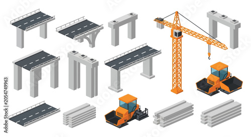 Quadro su tela Isometric construction elements with road sections crane and machinery on white