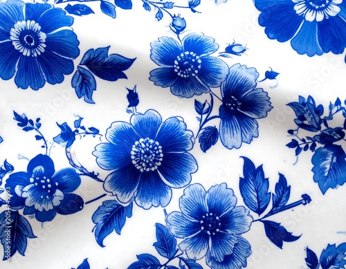Detailed Blue Floral Pattern Printed on White Fabric Background
