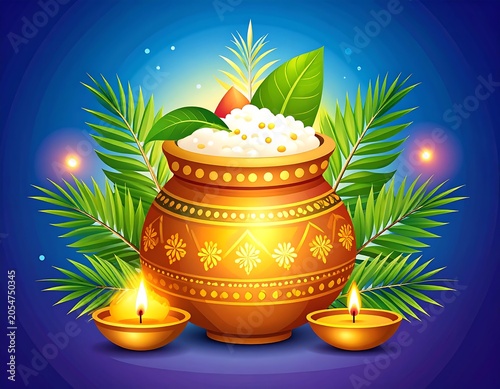 Decorative Clay Pot with Boiling Rice and Green Leaves on Glowing Blue Festive Background