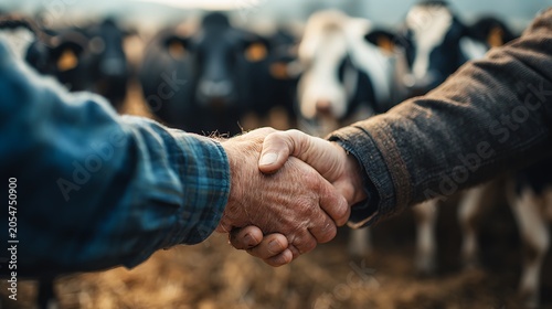 Close up of two farmers shaking hands on a dairy farm.