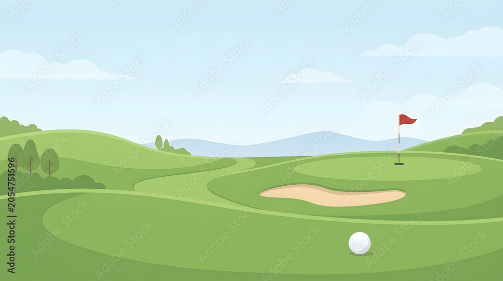 Fototapeta premium golf cartoon, smooth fairway, single bunker and red flag, perfect for banners, posters, or website headers.