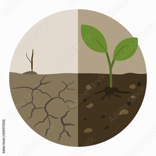Soil Degradation and Restoration Concept – Dry Cracked Land vs Healthy Soil With Seedling