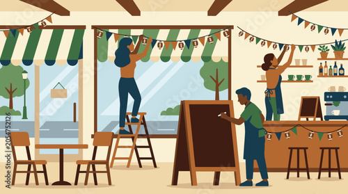 Three People Decorating Cozy Cafe Interior For Celebration.