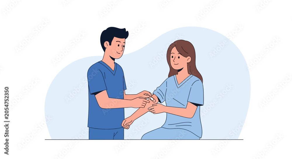 Obraz premium Medical consultation: doctor examines patient's arm in clinic flat illustration
