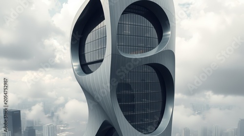 Futuristic skyscraper with unique curved design towers above city clouds