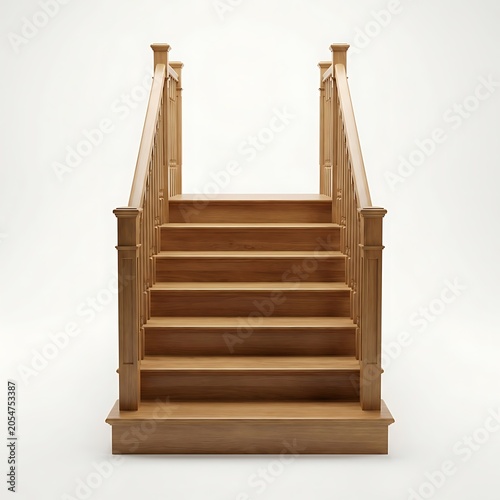 Wooden staircase with railings on white background
