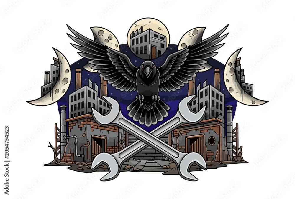 Fototapeta premium Raven with wrench emblem illustration industrial design concept
