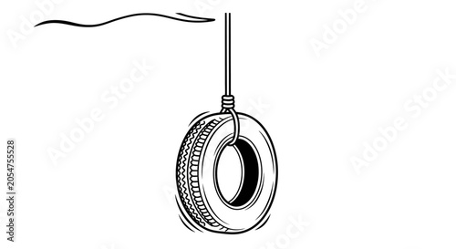 Black and White Line Art Illustration of a Hanging Tire Swing