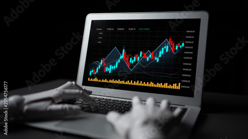 Obraz na plátne High-Tech Laptop Displaying Stock Market Trends with Robotic Hands Engaging in Data Analysis on a Dark Background