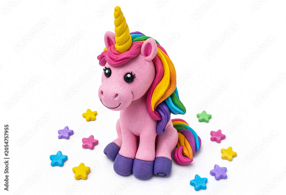 Naklejka premium Cute Pink Clay Unicorn with Rainbow Mane and Stars