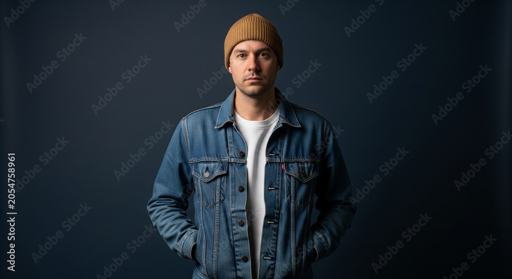 Obraz premium Man wearing a denim jacket and a brown beanie posing with hands in pockets against a dark blue background